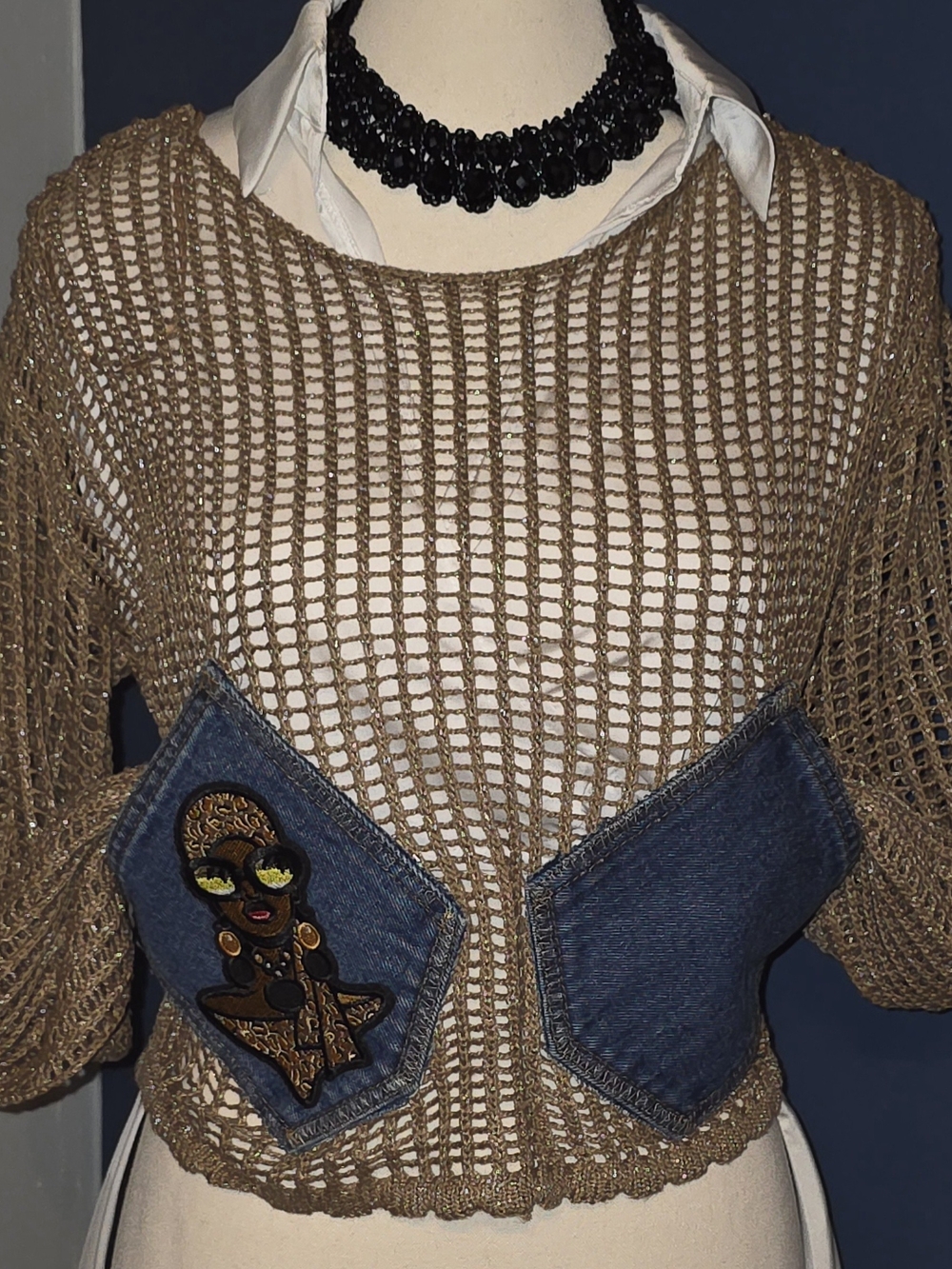 Open-Knit Brown Scoop Neck Sweater with Denim Patch Pockets
